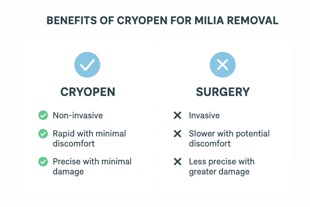 Benefits of cryopen for milia removal Selly Oak compared to surgical treatments.