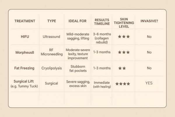 Table showing the comparisons of Skin tightening Selly Oak treatment options. 